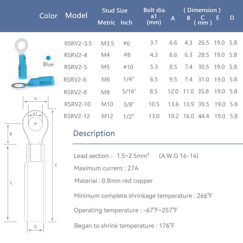 HK-S 50 PCS Ring Terminals #6 Blue 16-14 AWG - M3.5 - Electrical Connectors - Heat Shrink Wire Connector Kit - Tinned Red Copper - Automotive Marine Ring Connectors - Waterproof and Insulated - Image 2