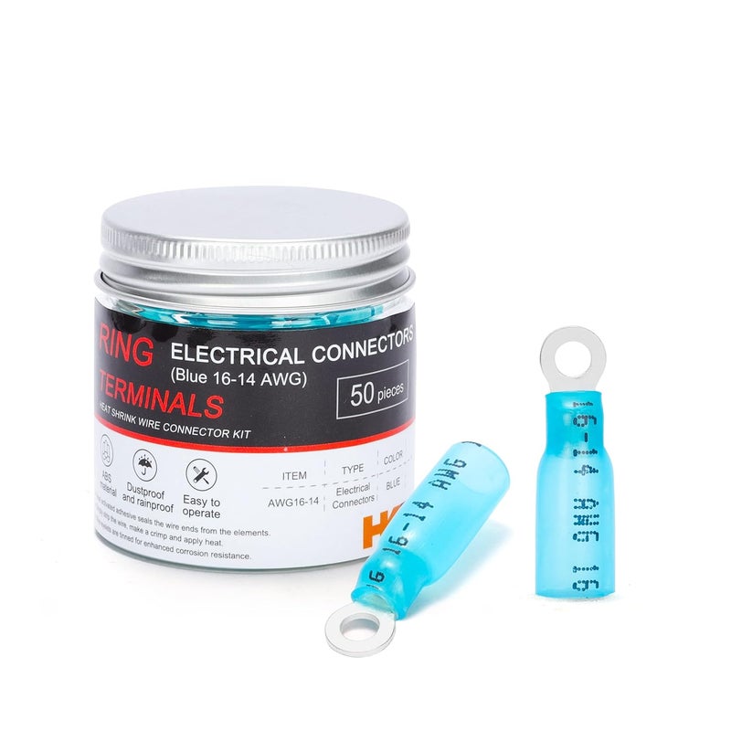 HK-S 50 PCS Ring Terminals #6 Blue 16-14 AWG - M3.5 - Electrical Connectors - Heat Shrink Wire Connector Kit - Tinned Red Copper - Automotive Marine Ring Connectors - Waterproof and Insulated - Image 1