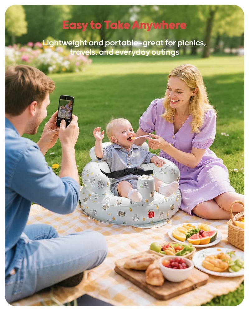 QPAU Inflatable Baby Seat with Safety Harness for Babies 3 Months & Up, Baby Floor Seats for Sitting Up, Baby Seats for Infants, Blow Up Baby Chair with Built in Air Pump (Rabbit and Bear) - Image 4