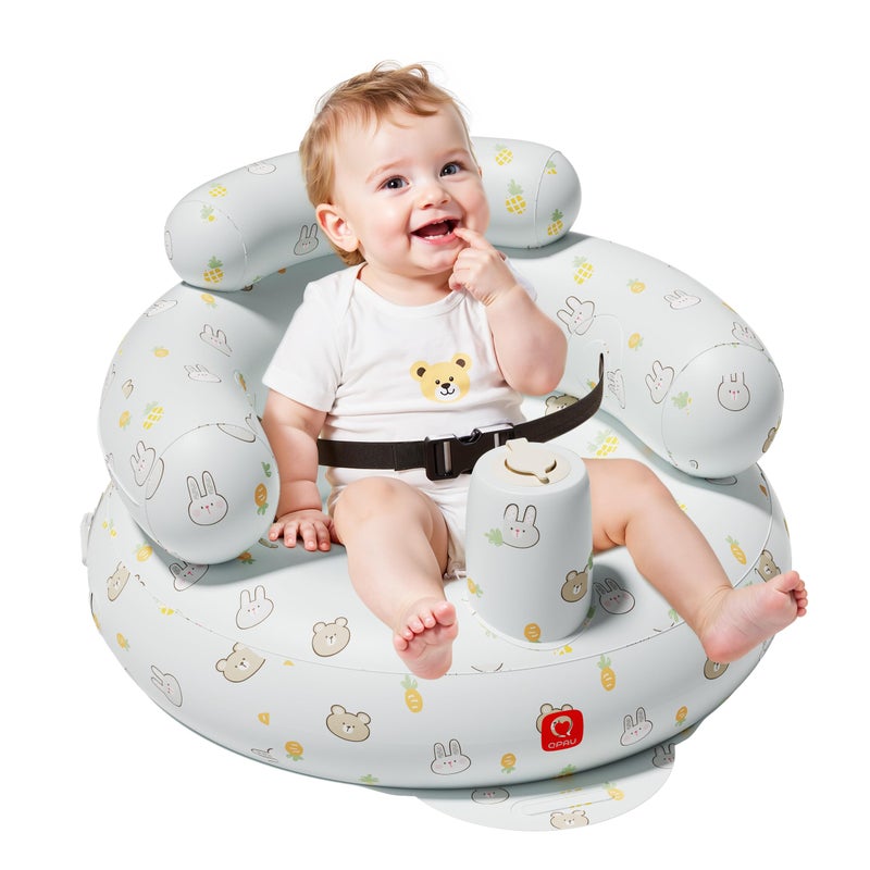 QPAU Inflatable Baby Seat with Safety Harness for Babies 3 Months & Up, Baby Floor Seats for Sitting Up, Baby Seats for Infants, Blow Up Baby Chair with Built in Air Pump (Rabbit and Bear) - Image 1
