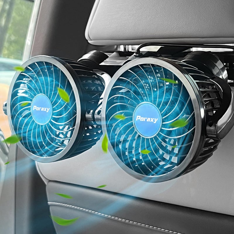 Poraxy Car Fan, 12V Cooling Fans for Backseat for Kids, Headrest 360 Degree Rotatable Dual Head Back Seat Fan Stepless Speed Vehicles Rear Seat Air Fan for Sedan SUV RV - Image 1