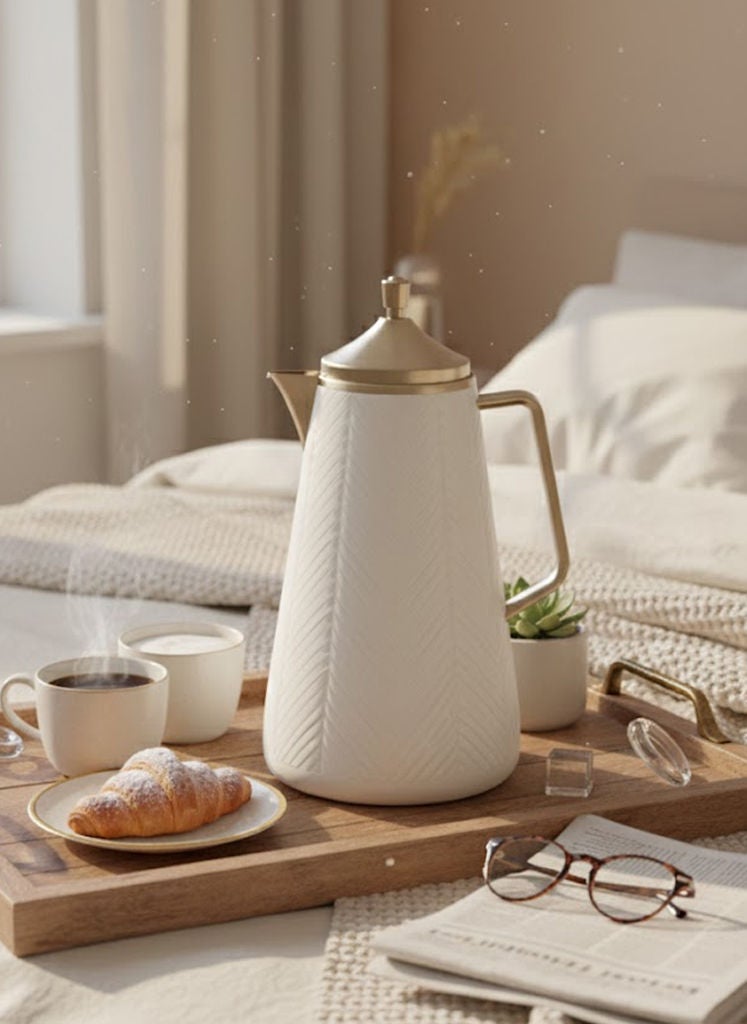 GAZELLA Plastic Tea/Coffee Flask 1 Liter White/Gold with Borosilicate Glass Inside - Image 1