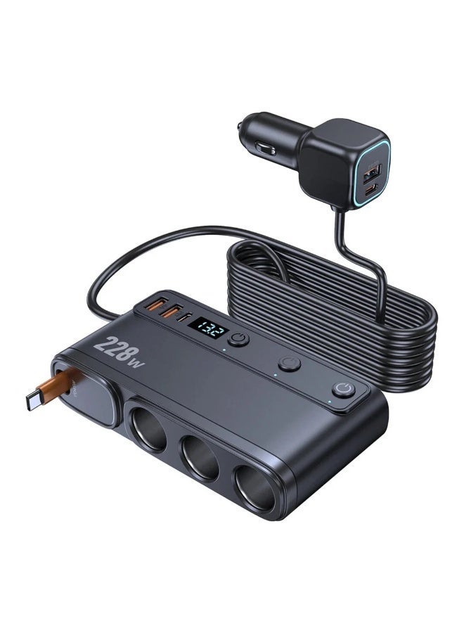 BlueFire Multi-Port 228W Smart Car Charger Adapter with LED Voltage Display, 3 Cigarette Lighter Sockets, 3 USB-A, 2 USB-C Ports & Built-in Type-C Cable – Fast QC3.0 & PD Charging for 12V/24V Cars, SUVs, Trucks, RVs – Charge up to 9 Devices Simultaneously with Safety Protection - Image 1