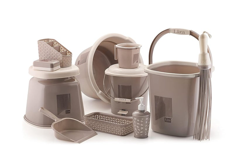 Liza Liza Bathroom Set 11 Pc,Bucket(18ltr),Tub(18ltr),Mug(1 LTR),Push dust bin,Big Stool,soap case,Cutlery St&,dust pan,Medium Broom,Soap Dispenser Organiser(Opera11,Plastic,darkbrown-beige)