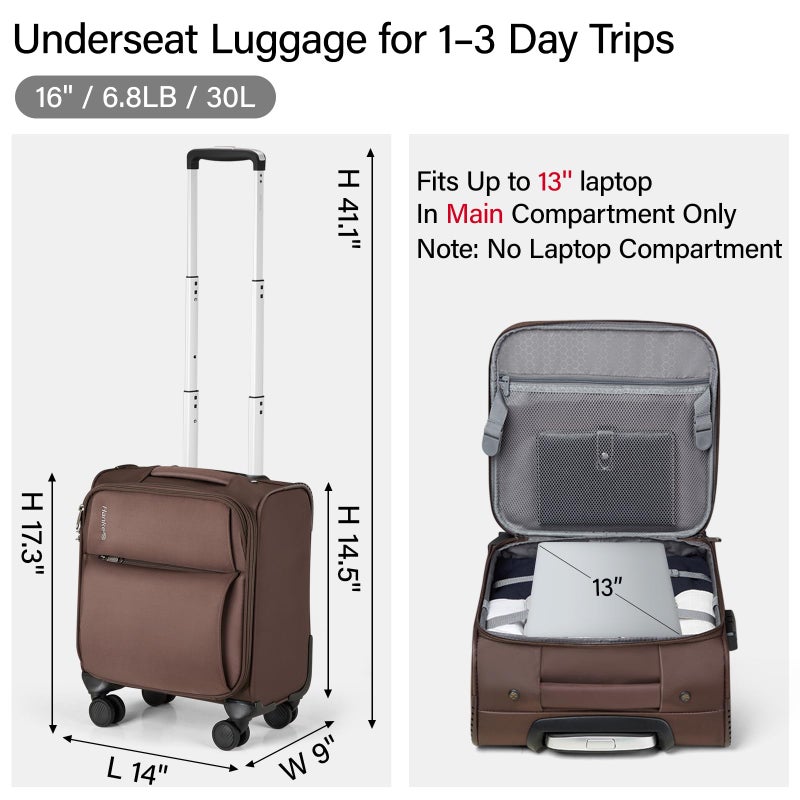 Hanke 16 Inch Underseat Carry On Luggage with Spinner Wheels for Airline, Small Softside TSA Approved Luggage Lightweight Rolling Suitcases Under Seat Travel Carry-On Bag(Coffee) - Image 3