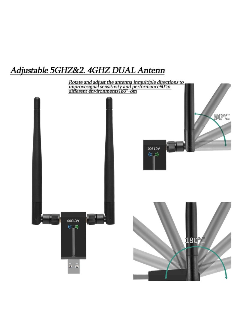 Arabest - Wireless USB WiFi Adapter, 1300Mbps Dual-Band WiFi Dongle 2.4G/5G、 Wireless Network Adapter With USB 3.0 Base、 High Gain Antenna And Extension Cable, Suitable For Windows 11/10/8/7 And Mac OS X - Image 1