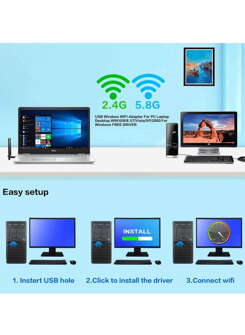 Arabest - Wireless USB WiFi Adapter, 1300Mbps Dual-Band WiFi Dongle 2.4G/5G、 Wireless Network Adapter With USB 3.0 Base、 High Gain Antenna And Extension Cable, Suitable For Windows 11/10/8/7 And Mac OS X - Image 1