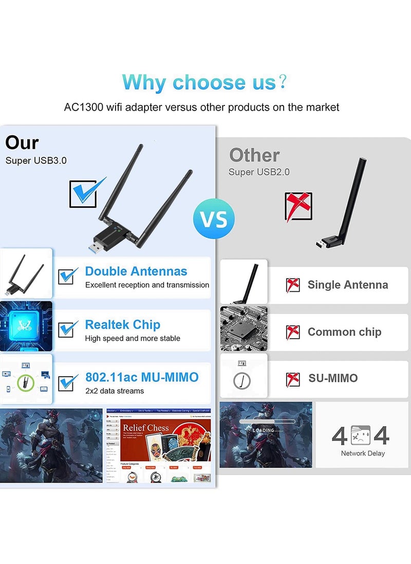 Arabest - Wireless USB WiFi Adapter, 1300Mbps Dual-Band WiFi Dongle 2.4G/5G、 Wireless Network Adapter With USB 3.0 Base、 High Gain Antenna And Extension Cable, Suitable For Windows 11/10/8/7 And Mac OS X - Image 1