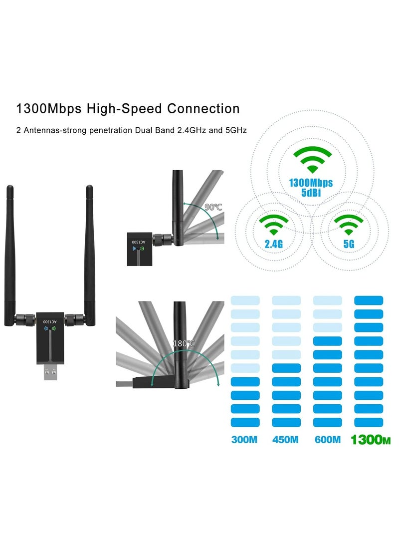 Arabest - Wireless USB WiFi Adapter, 1300Mbps Dual-Band WiFi Dongle 2.4G/5G、 Wireless Network Adapter With USB 3.0 Base、 High Gain Antenna And Extension Cable, Suitable For Windows 11/10/8/7 And Mac OS X - Image 1