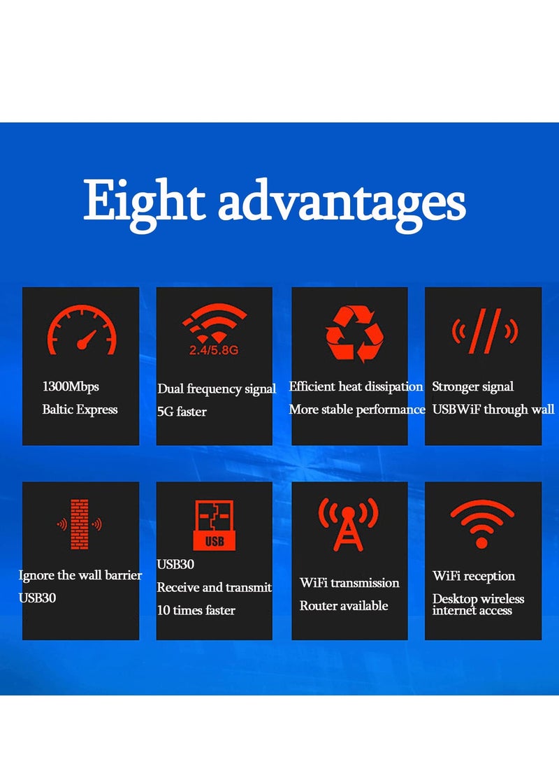Arabest - Wireless USB WiFi Adapter, 1300Mbps Dual-Band WiFi Dongle 2.4G/5G、 Wireless Network Adapter With USB 3.0 Base、 High Gain Antenna And Extension Cable, Suitable For Windows 11/10/8/7 And Mac OS X - Image 1