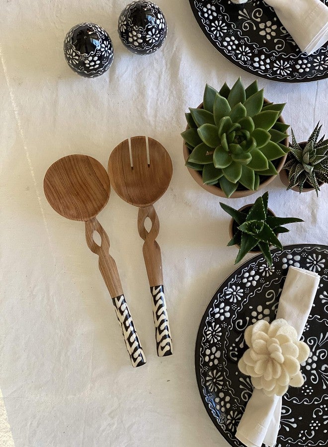 Global Crafts 11-Inch Olive Wood Salad Serving Set with Twisted Handles - Image 3
