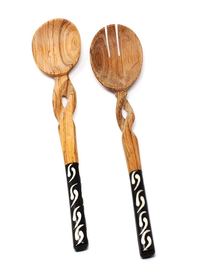 Global Crafts 11-Inch Olive Wood Salad Serving Set with Twisted Handles - Image 1