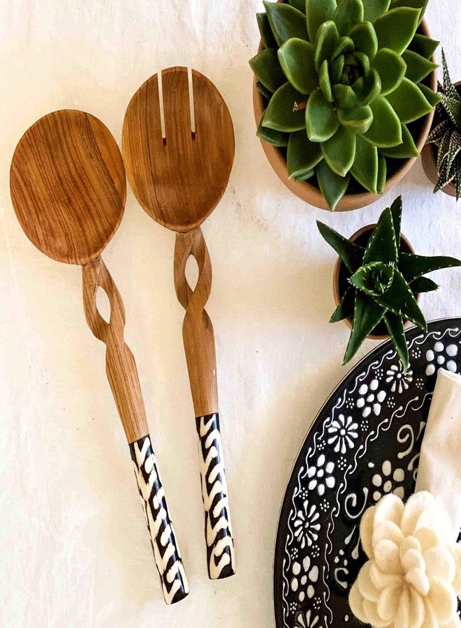 Global Crafts 11-Inch Olive Wood Salad Serving Set with Twisted Handles - Image 4