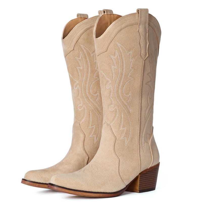 IUV Suede Cowboy Boots for Women Western Mid Calf Cowgirl Boots with Embroidered, Retro Snip Toe Fashion Boot With Chunky Block Heel Summer Fall Country Music Festival Cowboy Chic - Image 1