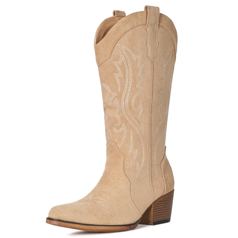 IUV Suede Cowboy Boots for Women Western Mid Calf Cowgirl Boots with Embroidered, Retro Snip Toe Fashion Boot With Chunky Block Heel Summer Fall Country Music Festival Cowboy Chic - Image 4
