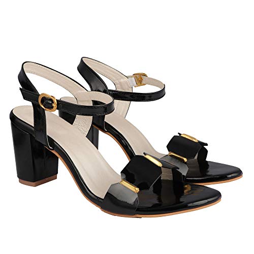 Shoetopia Elegant Black Heeled Sandals for Women ||Ankle Strap Chunky Block Heels with Gold Accent – Open Toe Dress EU38 - Image 1