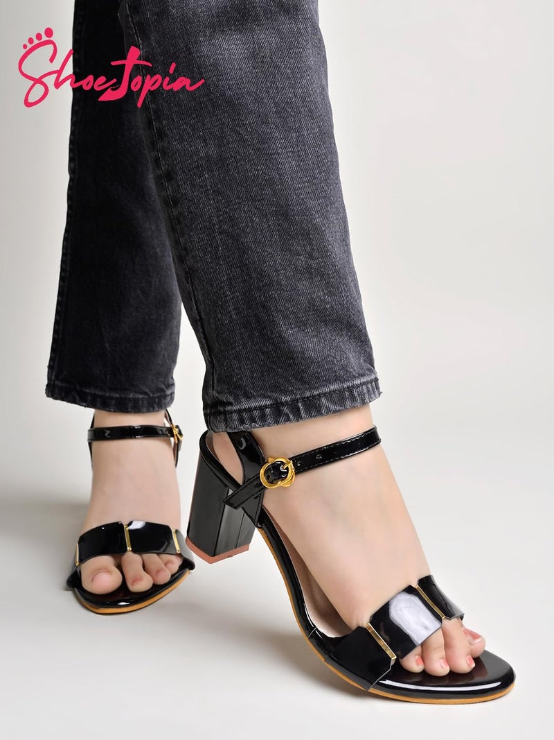 Shoetopia Elegant Black Heeled Sandals for Women ||Ankle Strap Chunky Block Heels with Gold Accent – Open Toe Dress EU38 - Image 4