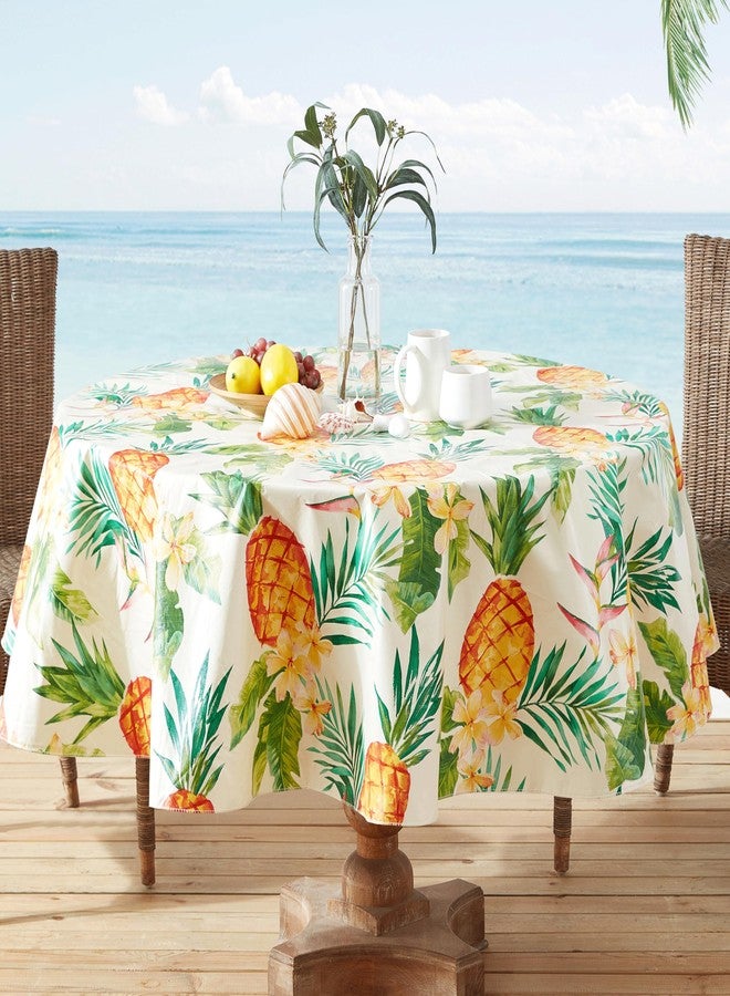 Newbridge Round Vinyl Flannel Backed Tablecloth, 70 Inch, Hawaii Tropical, Indoor/Outdoor Waterproof Table Party Table Cover, Palms and Pineapples - Image 1