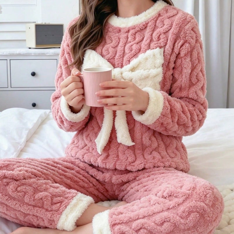 Flannel Bow Pajama Set Long Sleeve Long Pants - Image 4