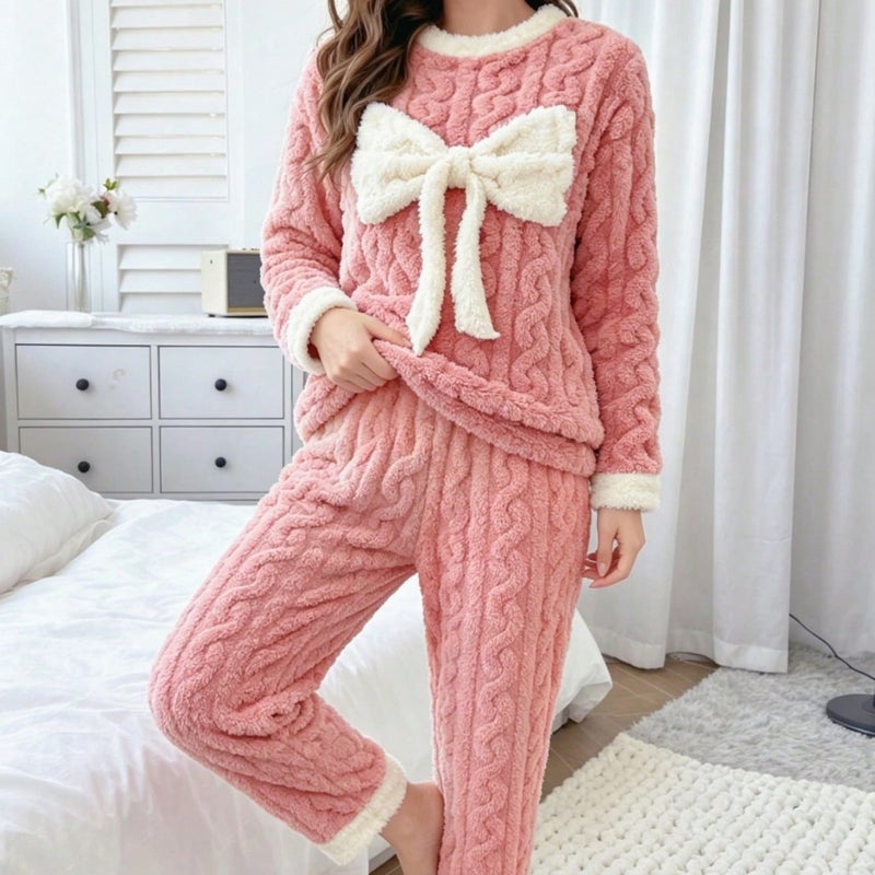 Flannel Bow Pajama Set Long Sleeve Long Pants - Image 2