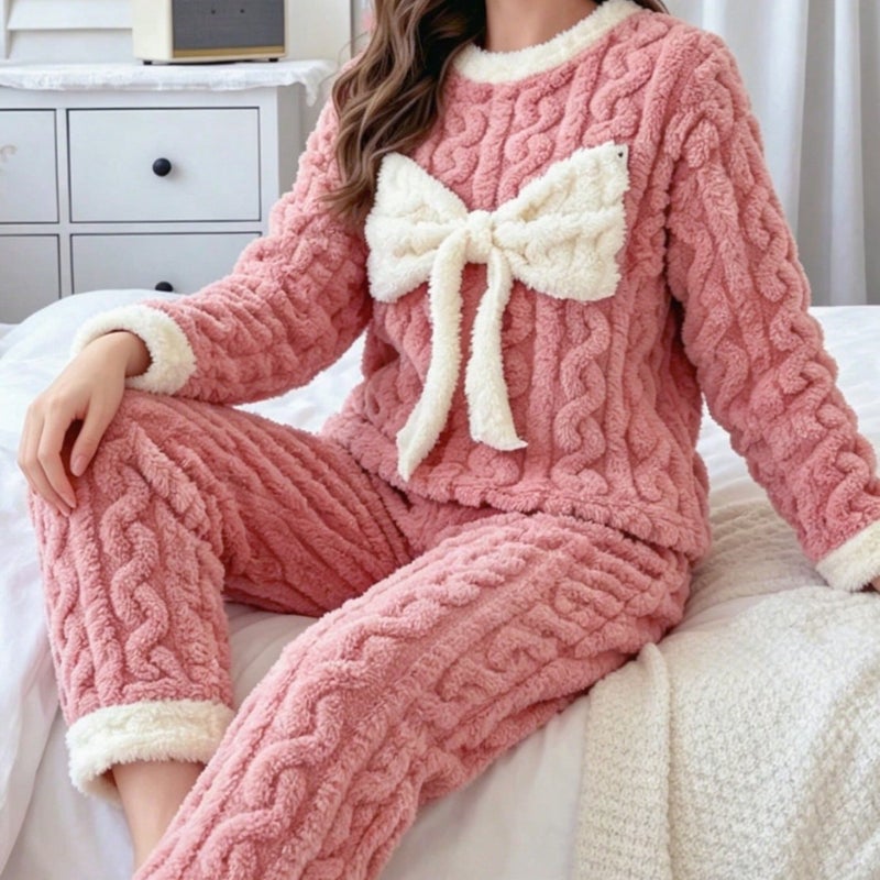 Flannel Bow Pajama Set Long Sleeve Long Pants - Image 1