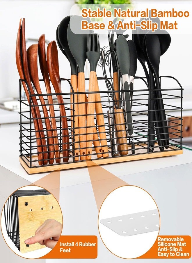 حامل أدوات مطبخ كبير جدًا من بريمزوتي - 15.7 بوصة × 6.7 بوصة × 4.4 بوصة، تصميم أنيق، حصيرة مانعة للانزلاق، 4 أقسام، منظم أدوات طهي أسود لسطح العمل، حامل ملاعق مسطحة - Image 5