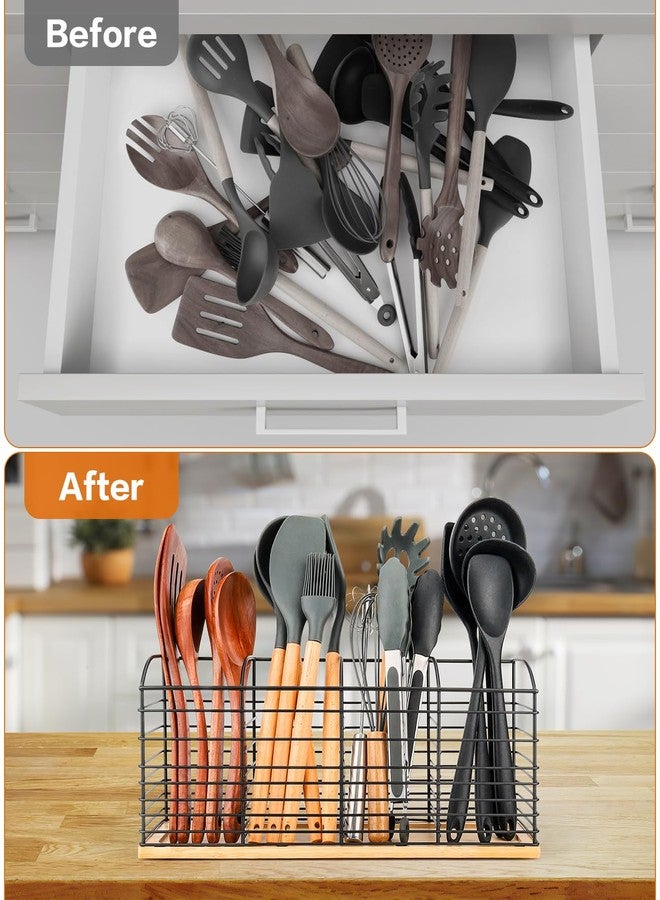حامل أدوات مطبخ كبير جدًا من بريمزوتي - 15.7 بوصة × 6.7 بوصة × 4.4 بوصة، تصميم أنيق، حصيرة مانعة للانزلاق، 4 أقسام، منظم أدوات طهي أسود لسطح العمل، حامل ملاعق مسطحة - Image 3