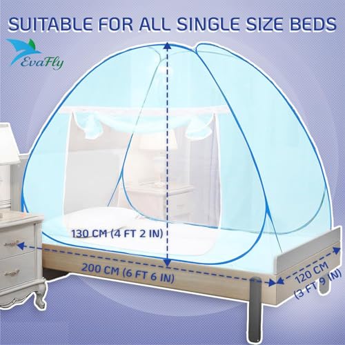 Evafly Mosquito Net for Single Bed | Foldable Machardani | Polyester Strong 30GSM mesh| PVC Coated Corrosion Resistant Steel Wire - Full Blue - Image 3