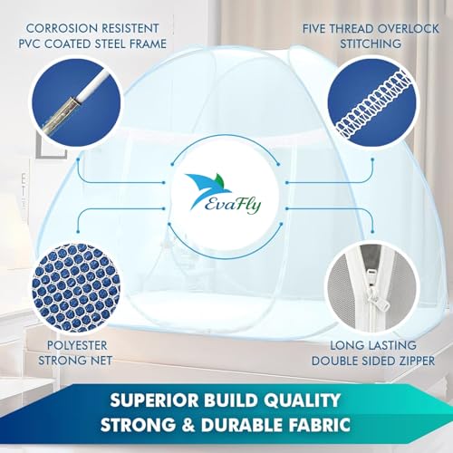 Evafly Mosquito Net for Single Bed | Foldable Machardani | Polyester Strong 30GSM mesh| PVC Coated Corrosion Resistant Steel Wire - Full Blue - Image 5