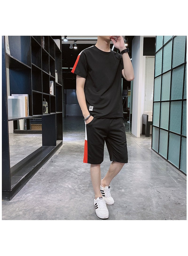 Men's summer color blocking casual sports short sleeved shorts set  - Image 1