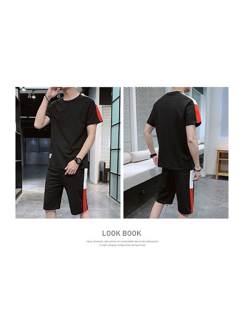 Men's summer color blocking casual sports short sleeved shorts set  - Image 2