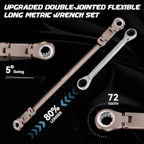 DISEN Upgraded Double Jointed Extra Long Flex Head Ratchet Wrench Set, 6 PCS Metric 8-19mm Box End Ratcheting Wrench set with Magnetic Pickup Tool, 72-Teeth, Cr-V Steel,12 Point, Grey Nickel - Image 2