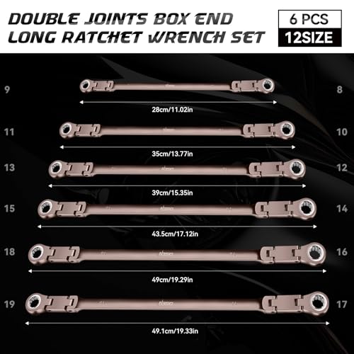 DISEN Upgraded Double Jointed Extra Long Flex Head Ratchet Wrench Set, 6 PCS Metric 8-19mm Box End Ratcheting Wrench set with Magnetic Pickup Tool, 72-Teeth, Cr-V Steel,12 Point, Grey Nickel - Image 4