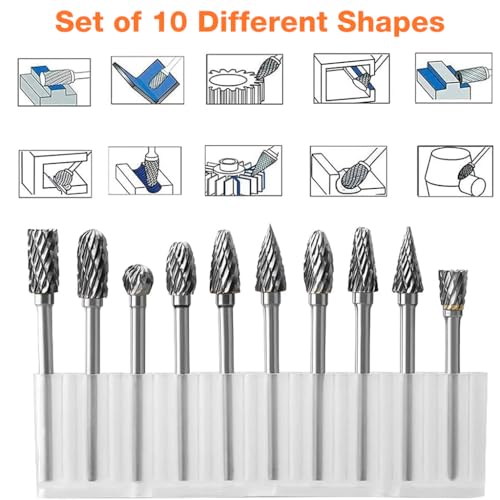 Serplex® Tungsten Carbide Rotary Burr Set for Dremel, 10pcs Carbide Double Cut Carving Burr Bits with 1/8" Shank Rotary Tool Accessories for Woodworking, Engraving, Drilling, Steel Metal Working - Image 2