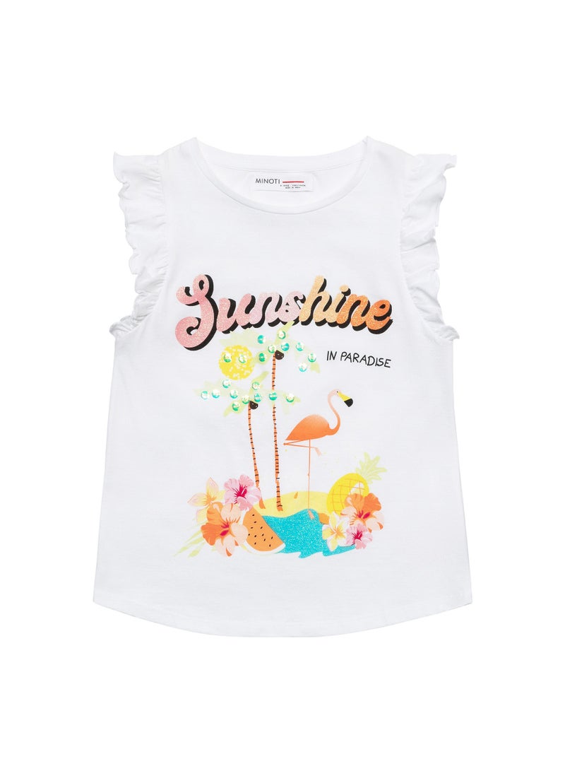 MINOTI Girls Sleeveless Cotton Top with Print and Frill Trim - Image 1