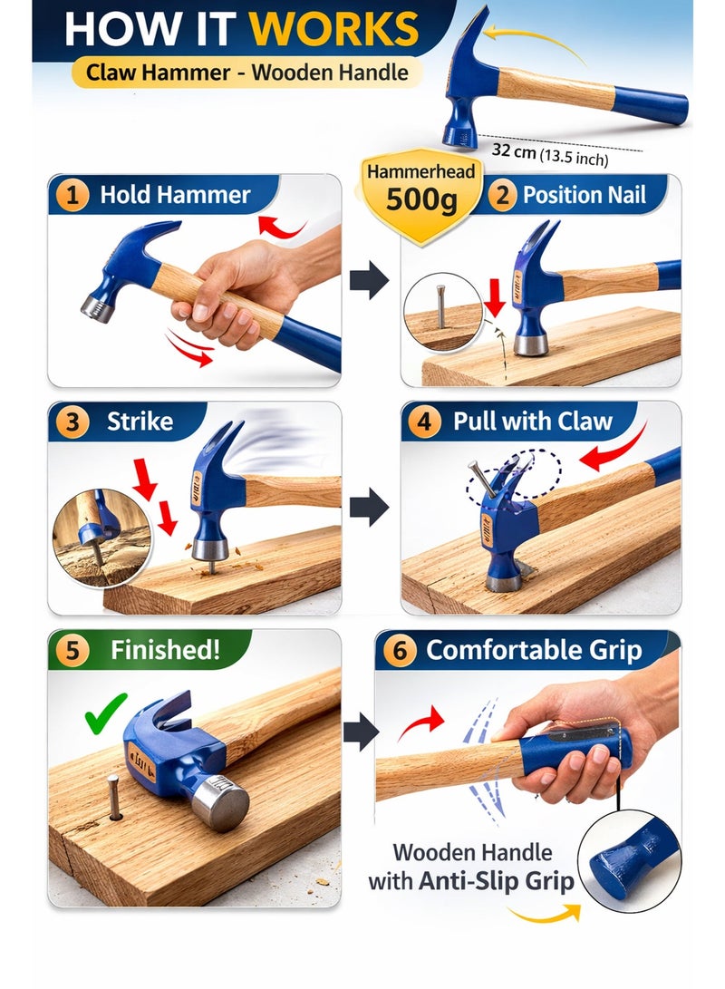 500g Claw Hammer with Wooden Handle – Durable Steel Hammer for Carpentry, Woodworking, Nail Pulling & Home Repair Tools (32cm) - Image 3
