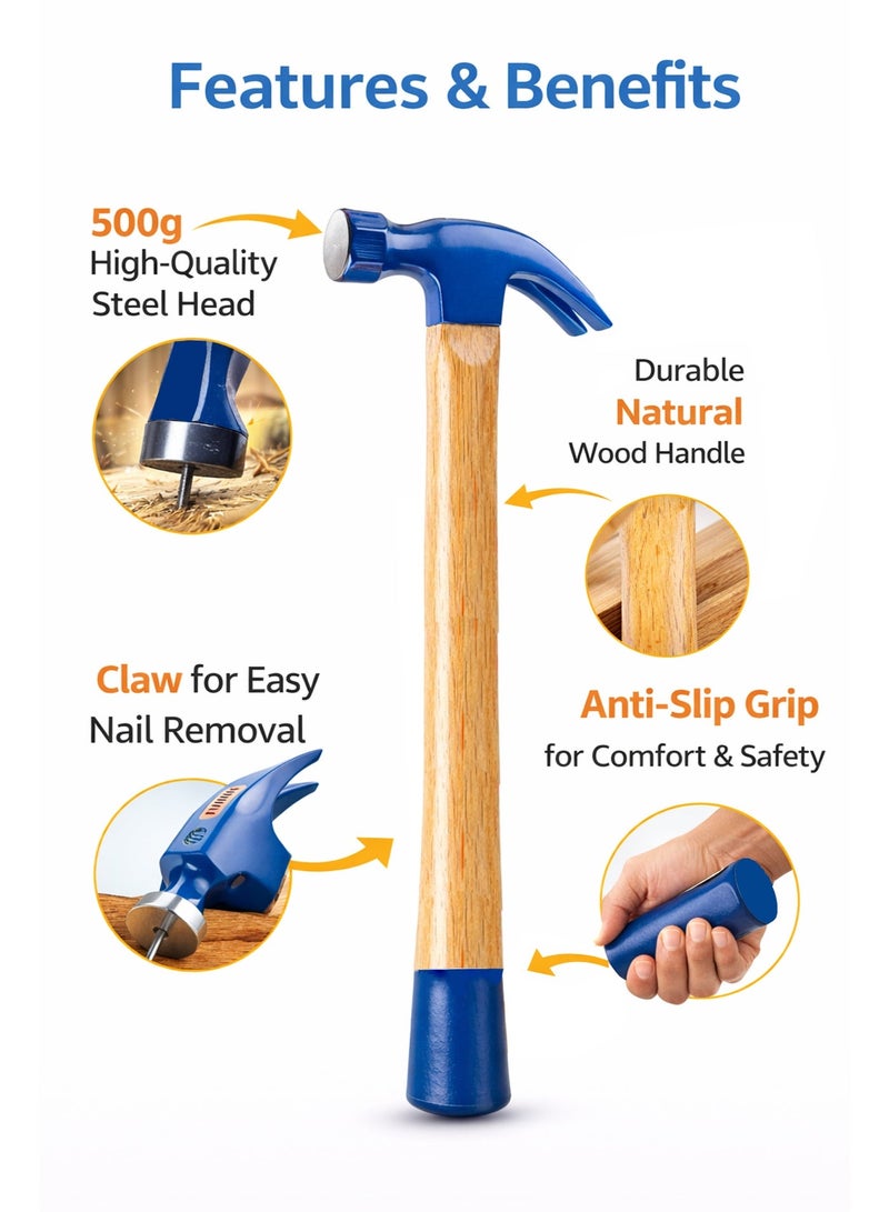 500g Claw Hammer with Wooden Handle – Durable Steel Hammer for Carpentry, Woodworking, Nail Pulling & Home Repair Tools (32cm) - Image 2