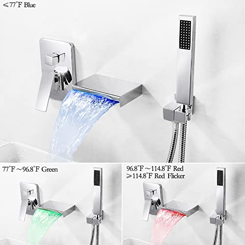 SKOWLL Polished Chrome Wall Mount Bathtub Faucet with Handheld Shower, Sinhle Handle LED Waterfall Bathroom Faucet, Rough in Valve - Image 4