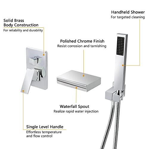 SKOWLL Polished Chrome Wall Mount Bathtub Faucet with Handheld Shower, Sinhle Handle LED Waterfall Bathroom Faucet, Rough in Valve - Image 5