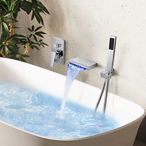 SKOWLL Polished Chrome Wall Mount Bathtub Faucet with Handheld Shower, Sinhle Handle LED Waterfall Bathroom Faucet, Rough in Valve - Image 3