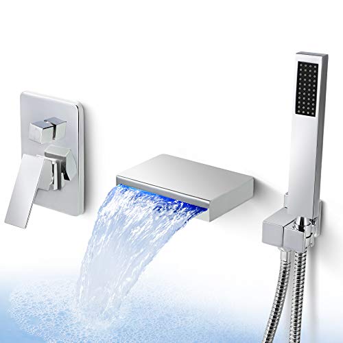 SKOWLL Polished Chrome Wall Mount Bathtub Faucet with Handheld Shower, Sinhle Handle LED Waterfall Bathroom Faucet, Rough in Valve - Image 1