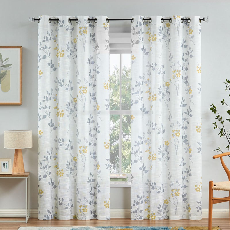Beauoop Floral Linen Semi Sheer Curtains 84 Inches Long 2 Panels for Living Room Bedroom Yellow Grey Farmhouse Flower Patterned Light Filtering Textured Grommet Top Window Treatments Drapes, 50x84 - Image 1