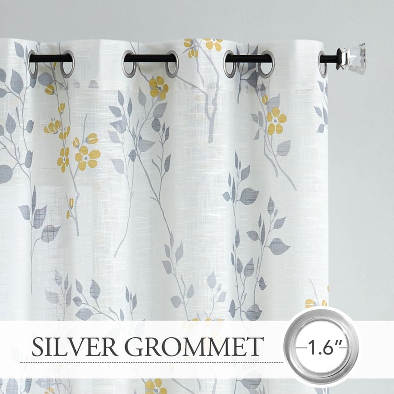 Beauoop Floral Linen Semi Sheer Curtains 84 Inches Long 2 Panels for Living Room Bedroom Yellow Grey Farmhouse Flower Patterned Light Filtering Textured Grommet Top Window Treatments Drapes, 50x84 - Image 2