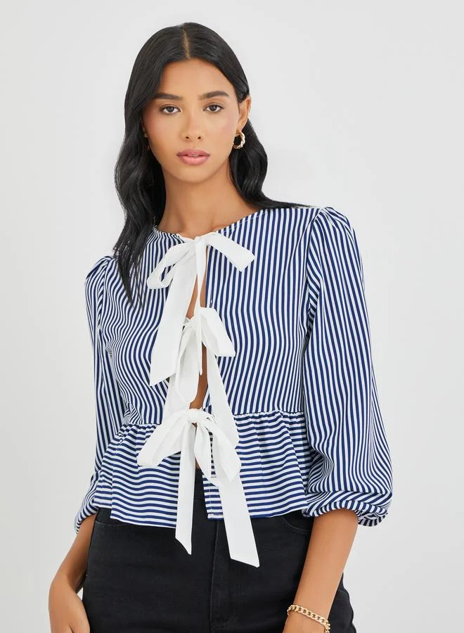 Take Two Take Two Striped Ruffled Hem Tie-Up Detail Top