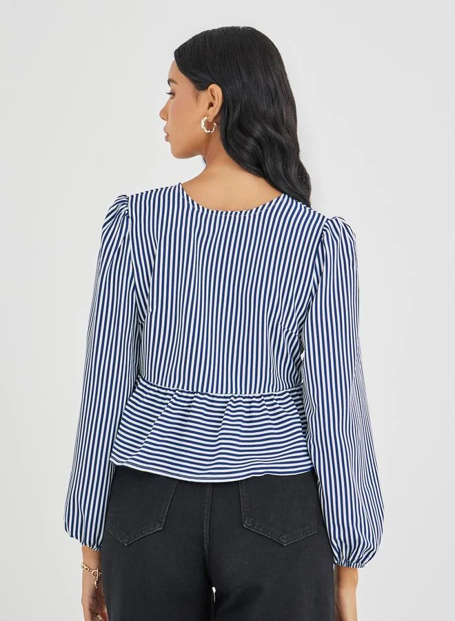Take Two Take Two Striped Ruffled Hem Tie-Up Detail Top
