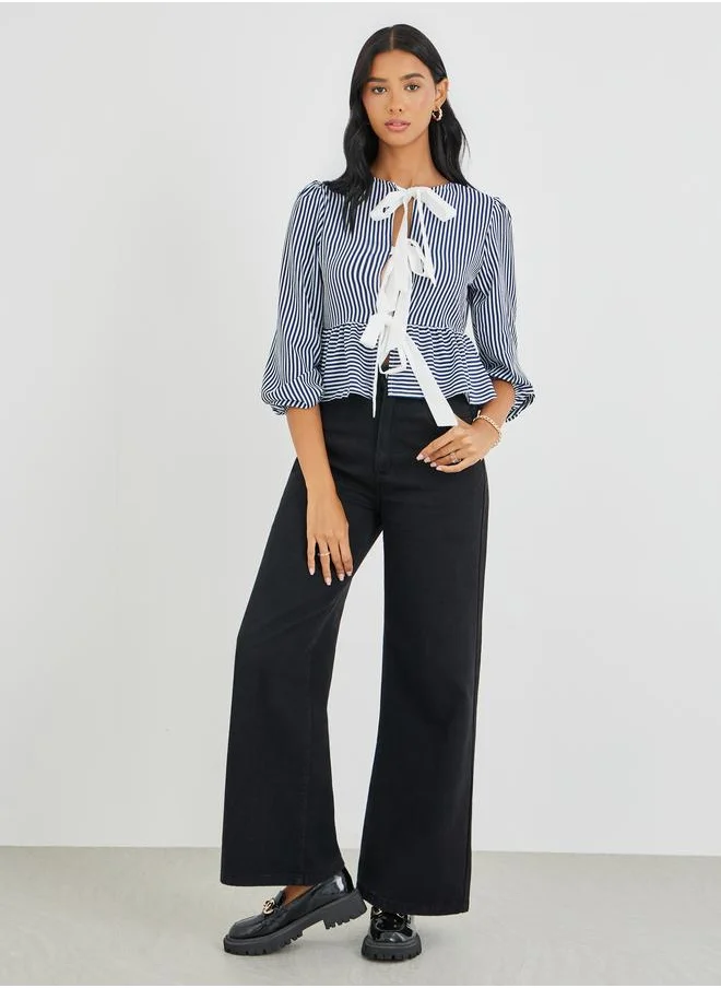 تايك تو Take Two Striped Ruffled Hem Tie-Up Detail Top