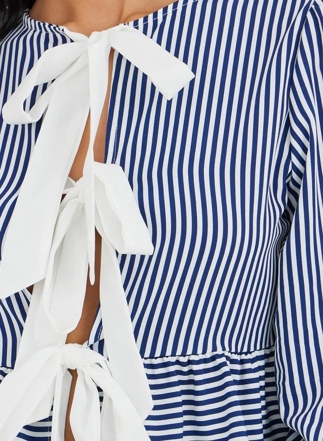 Take Two Take Two Striped Ruffled Hem Tie-Up Detail Top