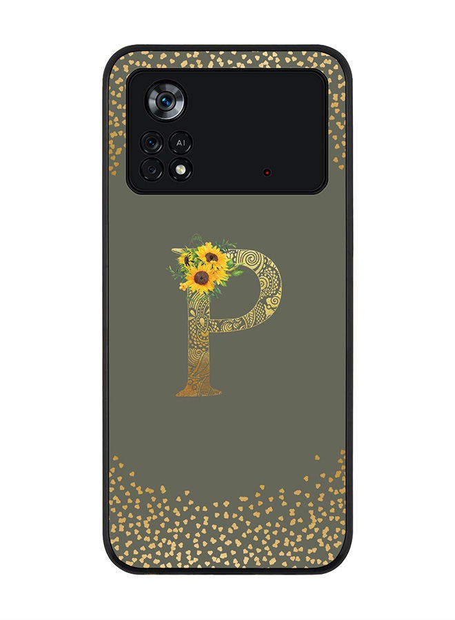 Stylizedd Rugged Black edge case for Poco M4 Pro 4G Slim fit Soft Case Flexible Rubber Edges Anti Drop TPU Gel Thin Cover - Custom Monogram Initial Letter Floral Pattern Alphabet - P (Olive Green ) - Image 1