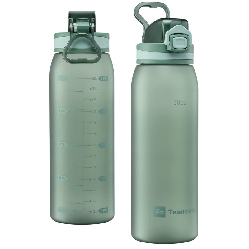Teentumn Time Marker Water Bottle 30 oz with Push Button Motivational Measurement Marker Reusable Tritan Plastic Water Jug for Workout Sport Travel Water Tracker Pack of 1