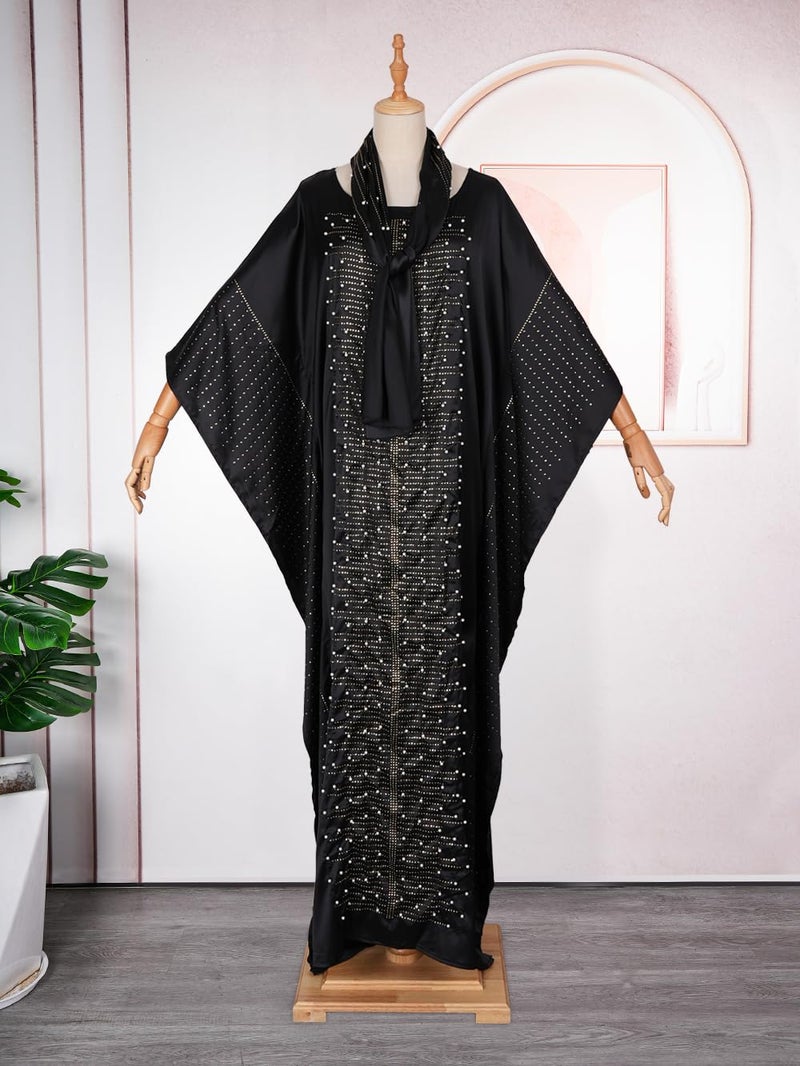 HD African Dress for Women Beading Rhinestone Kaftan Maxi Dress Black One Size Fit All - Image 4